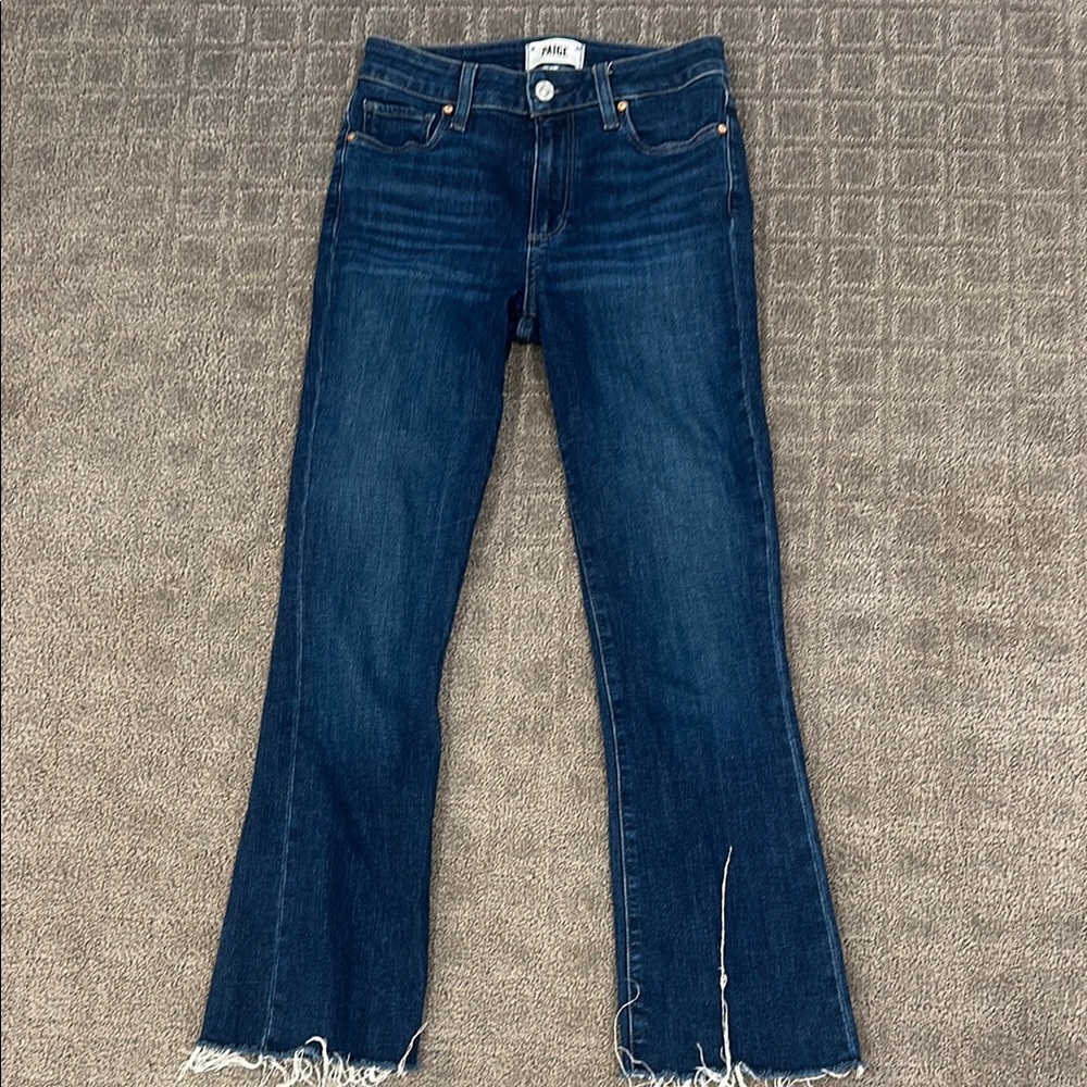 PAIGE Blue Flare Leg Jeans with Frayed Hem